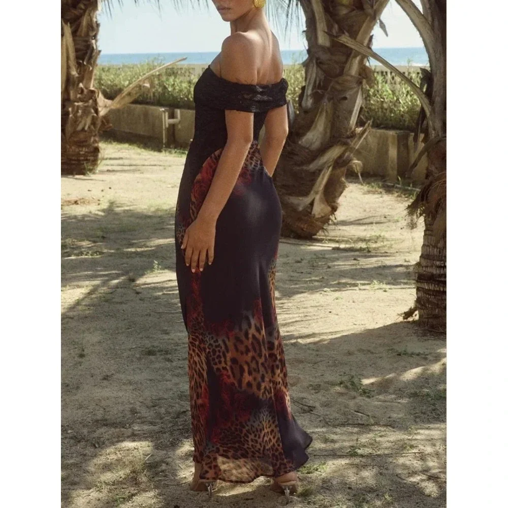 Runaway The Label Black‎ Lace Leopard Rose Off Shoulder Maxi Dress XS